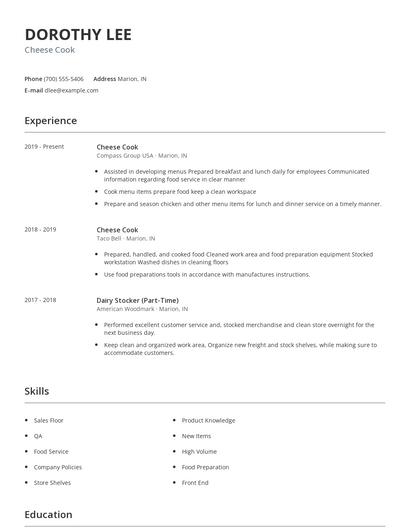 Cheese Cook Resume
