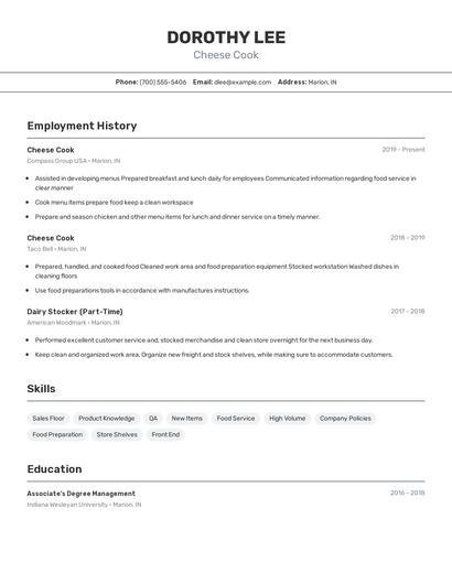Cheese Cook Resume