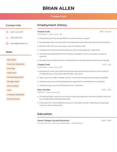 Cheese Cook Resume