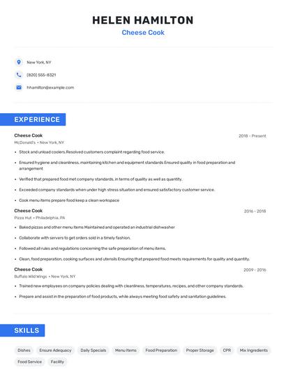 Cheese Cook Resume