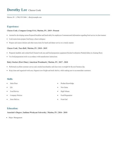 Cheese Cook Resume