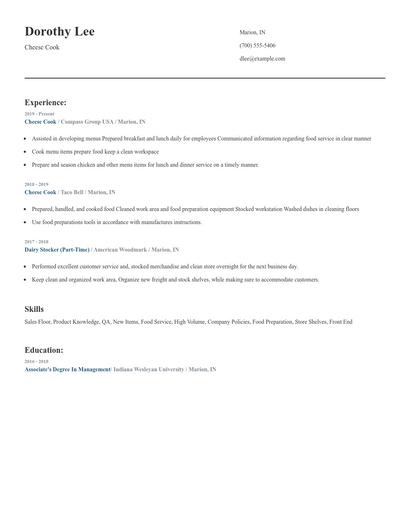 Cheese Cook Resume