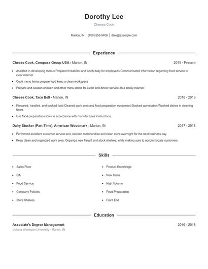 Cheese Cook Resume