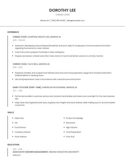 Cheese Cook Resume