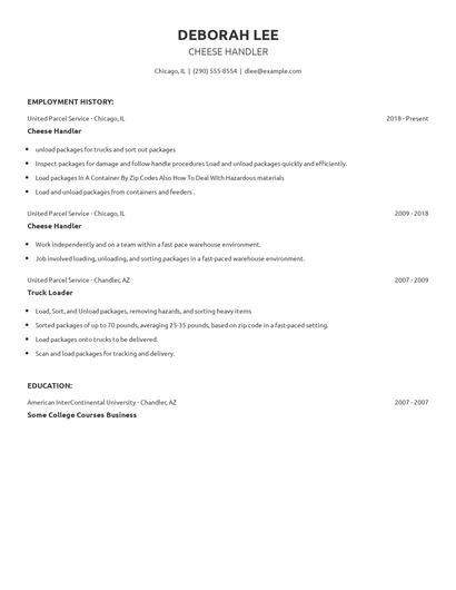 Cheese Handler Resume