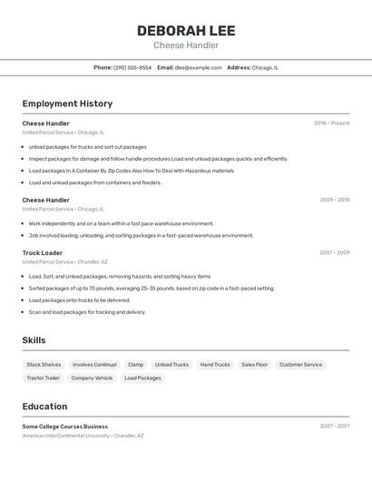 Cheese Handler Resume