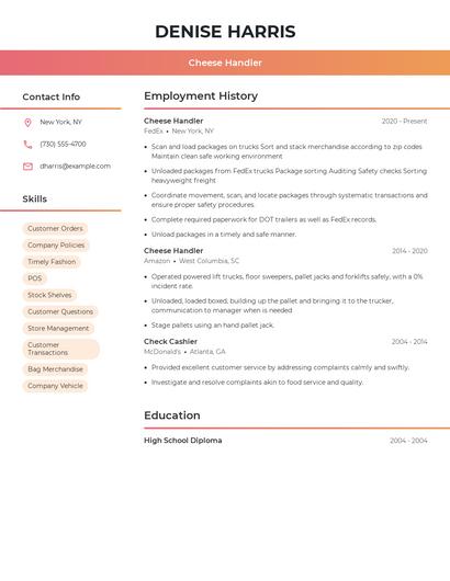 Cheese Handler Resume