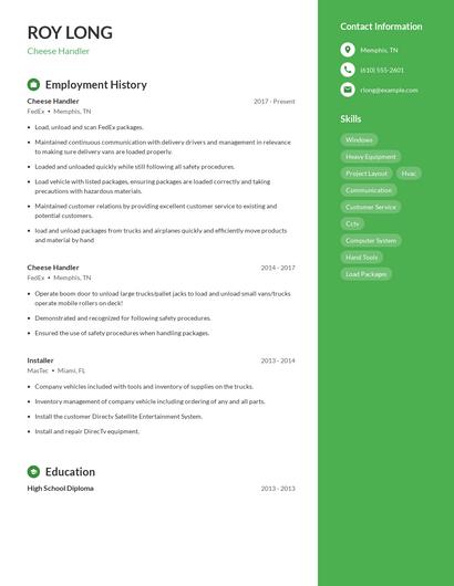 Cheese Handler Resume