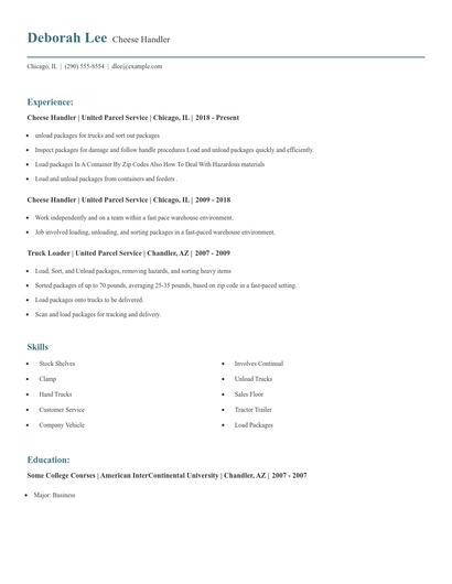 Cheese Handler Resume