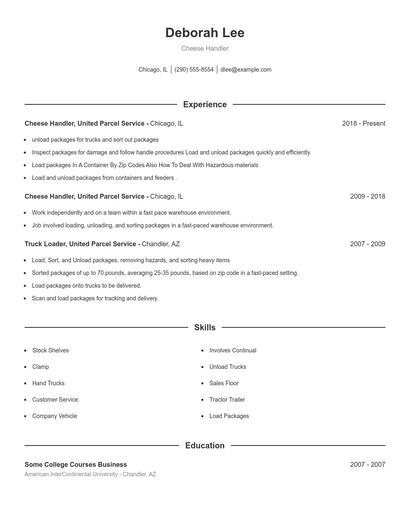Cheese Handler Resume