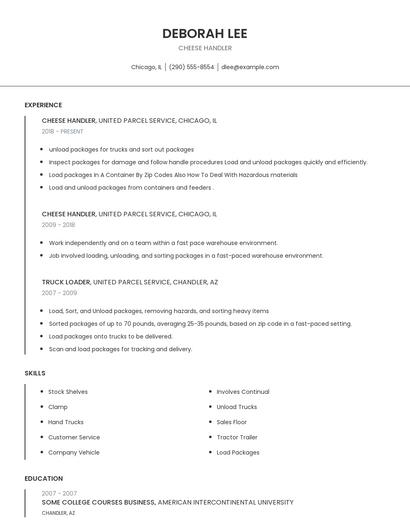 Cheese Handler Resume