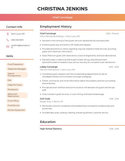 Chef Concierge Resume
