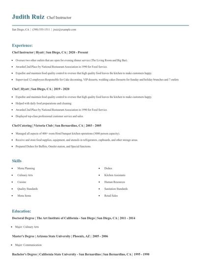 Chef Instructor Resume