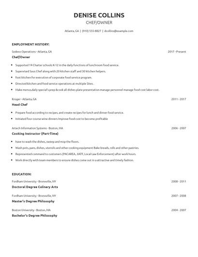 Chef/Owner Resume