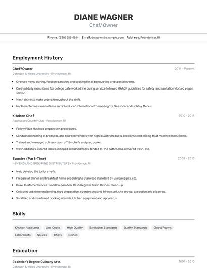 Chef/Owner Resume