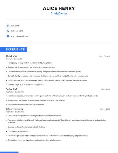 Chef/Owner Resume