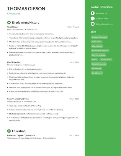 Chef/Owner Resume