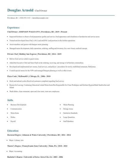 Chef/Owner Resume