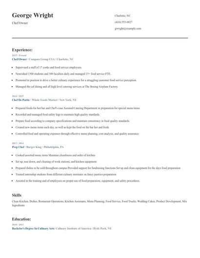 Chef/Owner Resume