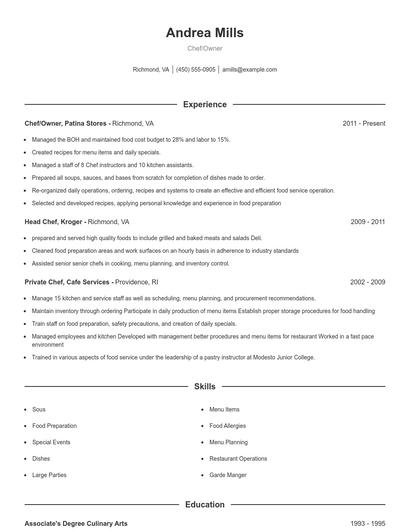 Chef/Owner Resume