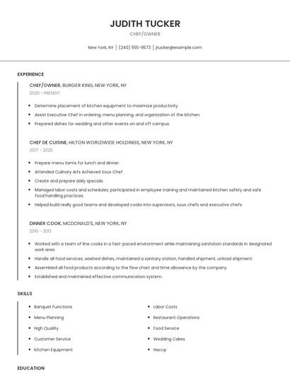 Chef/Owner Resume
