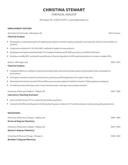 Chemical Analyst Resume
