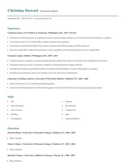 Chemical Analyst Resume