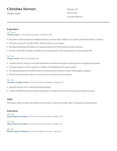 Chemical Analyst Resume