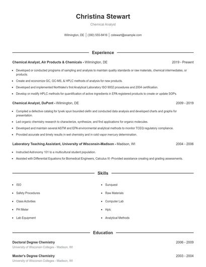 Chemical Analyst Resume