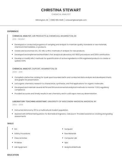 Chemical Analyst Resume
