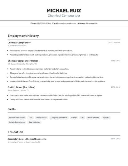 Chemical Compounder Resume