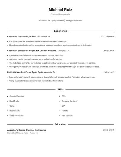 Chemical Compounder Resume