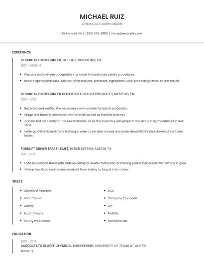 Chemical Compounder Resume