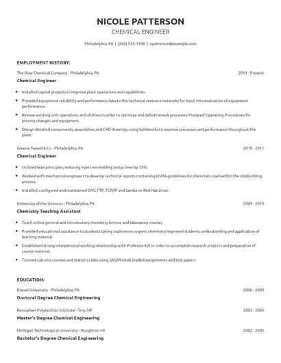 Chemical Engineer Resume