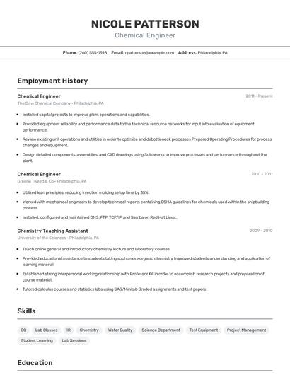 Chemical Engineer Resume