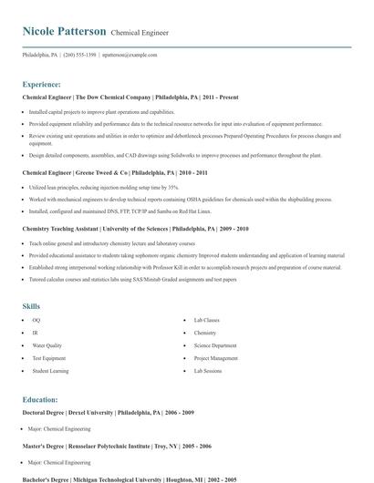 Chemical Engineer Resume