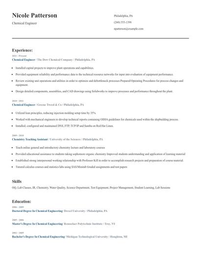Chemical Engineer Resume