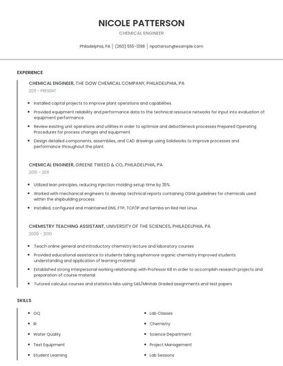 Chemical Engineer Resume