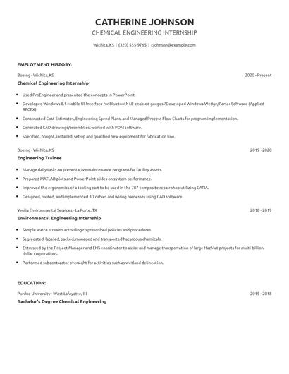 Chemical Engineering Internship Resume