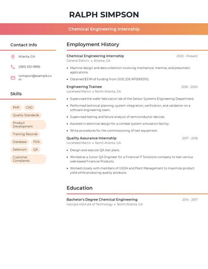 Chemical Engineering Internship Resume