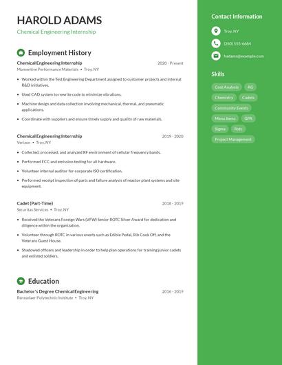 Chemical Engineering Internship Resume