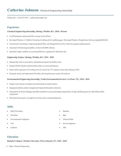 Chemical Engineering Internship Resume