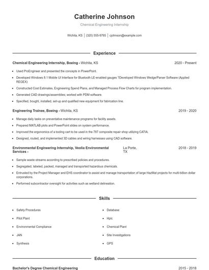 Chemical Engineering Internship Resume