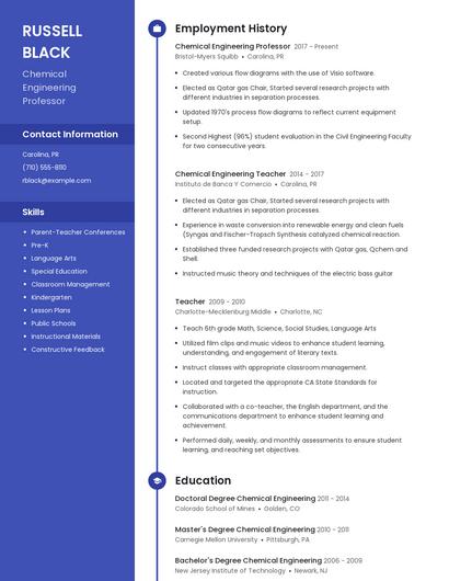 Chemical Engineering Professor Resume