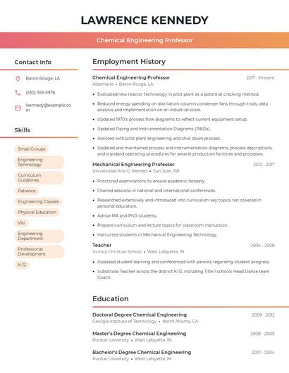 Chemical Engineering Professor Resume
