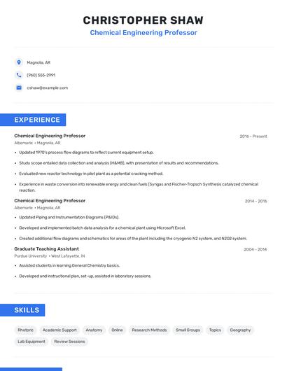 Chemical Engineering Professor Resume