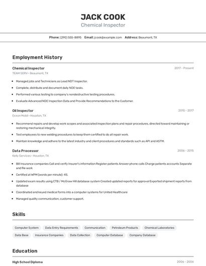 Chemical Inspector Resume