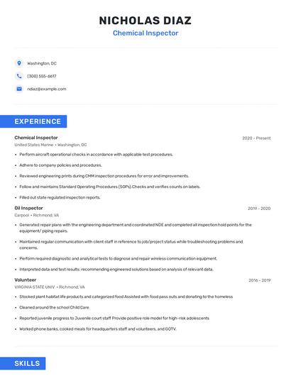 Chemical Inspector Resume