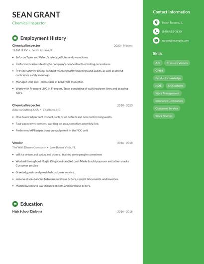Chemical Inspector Resume