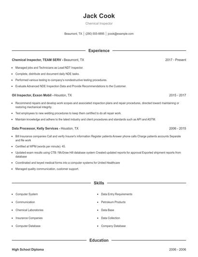 Chemical Inspector Resume